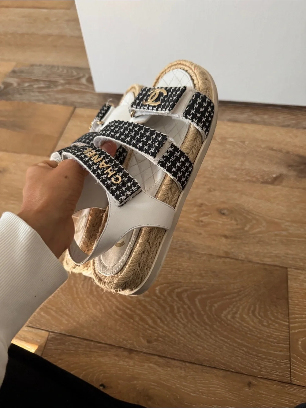 CHANEL White & Black Tweed Kids Sandals with Gold CC Accents
